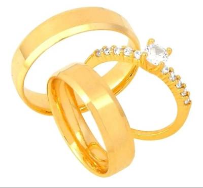 Par De Alianas Banhada A Ouro 18k 6mm Chanfrada E Solitrio