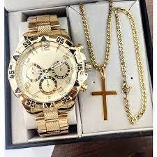 Conjunto Relgio Masculino + Corrente Cruz E Pulseira Dourado