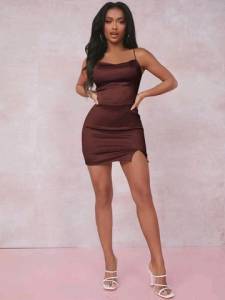 Vestido Gringo De Cetim Cor Marrom Shein