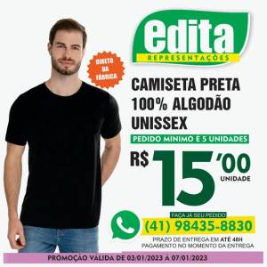 Camiseta Preta Adulto 100% Algodo