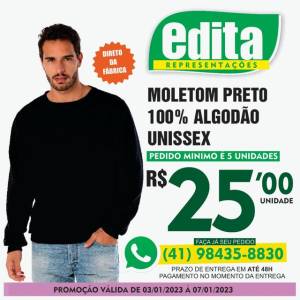 Moletom Preto Adulto 100% Algodo