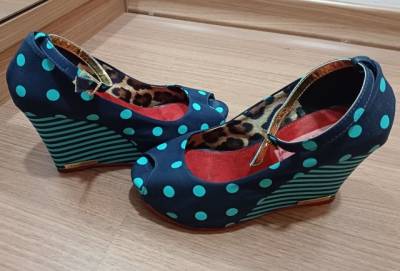 Sapato Peep Toe Salto Anabela Azul Marinho E Claro, Nmero 34