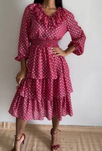 Vestido Feminino Midi Com Camadas Rosa E Flores Em Prata