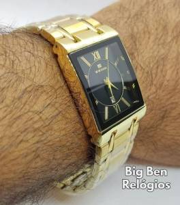Relgio Masculino, Dourado, Em Ao, Mostrador Retangular, Estilo Social Moderno