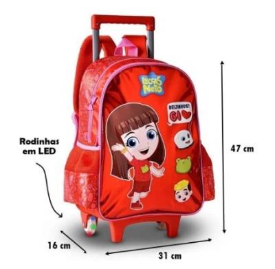 Kit Mochila Escolar Infantil Gi Neto Menina Rodinha Led Carrinho Alas