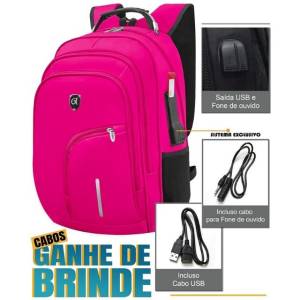 Mochila Feminina Rosa Notebook Reforada Resistente A Agua Saida Usb /fone