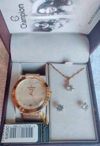 Relgio Champion Crystal Feminino + Colar E Brincos Cn25207w