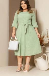 Vestido Midi Poa Verde Menta Manga Flare