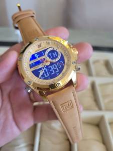 Relgio Social Masculino Naviforce Couro Dourado 9208