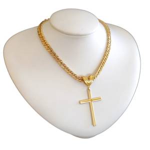 Colar Feminino Banhado A Ouro 18k Grumet Dupla Pingente Cruz Alongada