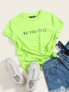 Shein Verde Lima Solgan Ocasional Camiseta [bb]