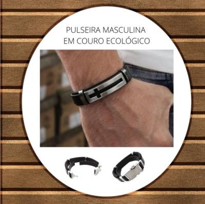 Pulseira Masculina Em Couro Ecolgico Preto Cromada Inox Ao Escovado Premium