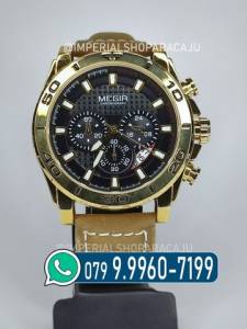 Relogio Funcional Dourado Couro Aracaju Promoo