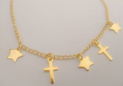 Tornozeleira Pingentes Crucifixo E Estrelas Cinco Pontas Placa Semijoias