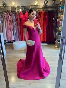 Vestido Fucsia Tecido Zibeline Com Mangas Caidas Tam 38