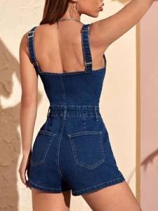 Shein Macaco Curto Boto Frontal Busti Jeans/denim Vero