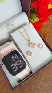 Relgio Led Feminino + Colar E Brincos Folheados