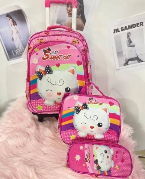 Conjunto De Mochila De Rodinhas Infantil Sweet Cat Rosa